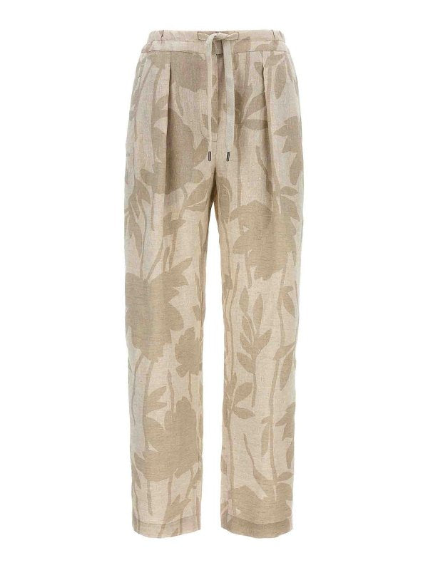 BRUNELLO CUCINELLI WOMEN'S NATURALE LINEN RELAXED FLORAL TROUSERS
