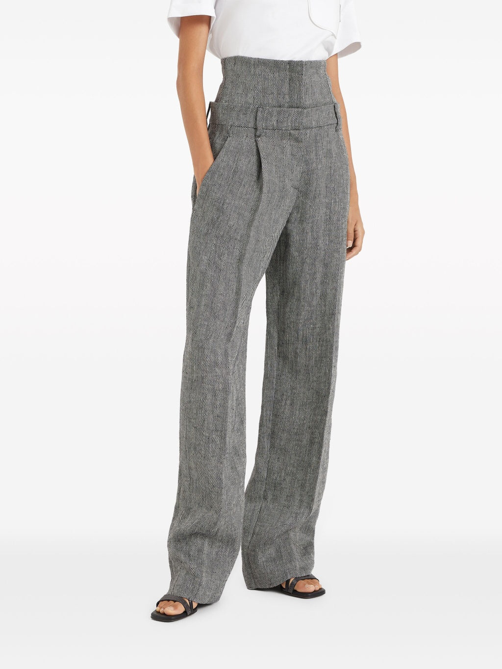 BRUNELLO CUCINELLI WOMEN'S BLACK WHITE LINEN WIDE LEG TROUSERS