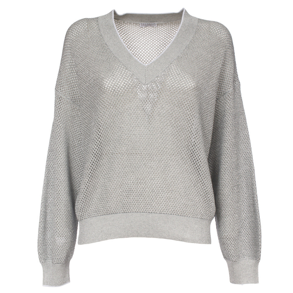 BRUNELLO CUCINELLI WOMEN'S LIGHT GREY MESH SWEATER