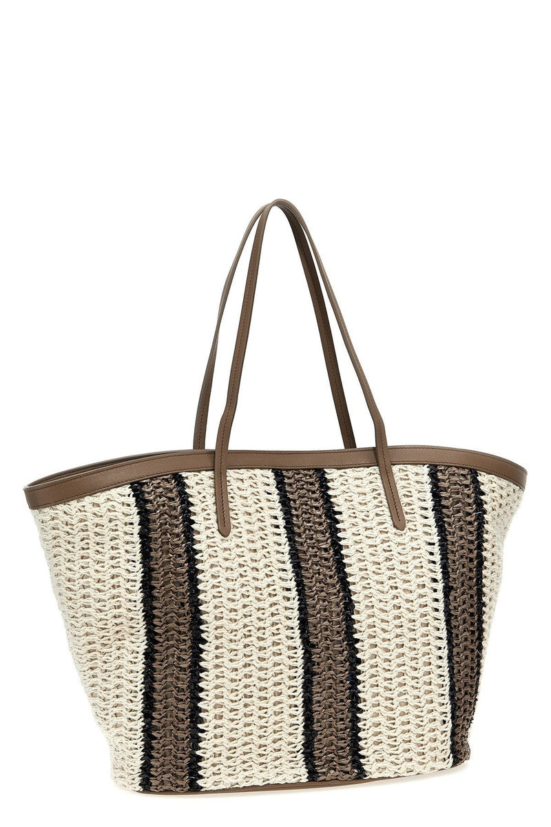 BRUNELLO CUCINELLI WOMEN'S WHITE BEIGE STRIPED WOVEN TOTE BAG