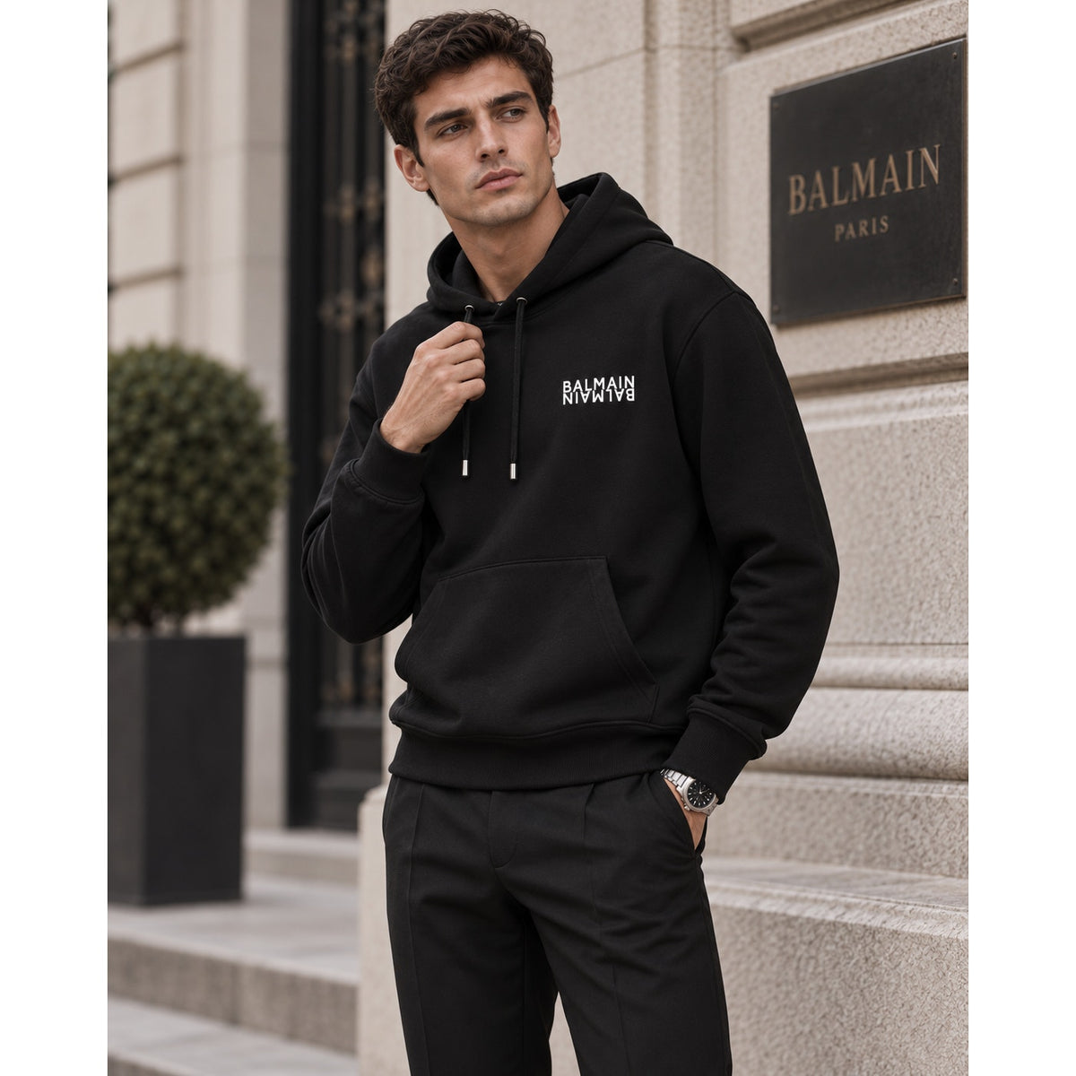 Balmain Black Logo Motif Hoodie