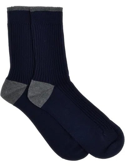 BRUNELLO CUCINELLI MEN'S NAVY DARK GREY RIBBED COTTON SOCKS