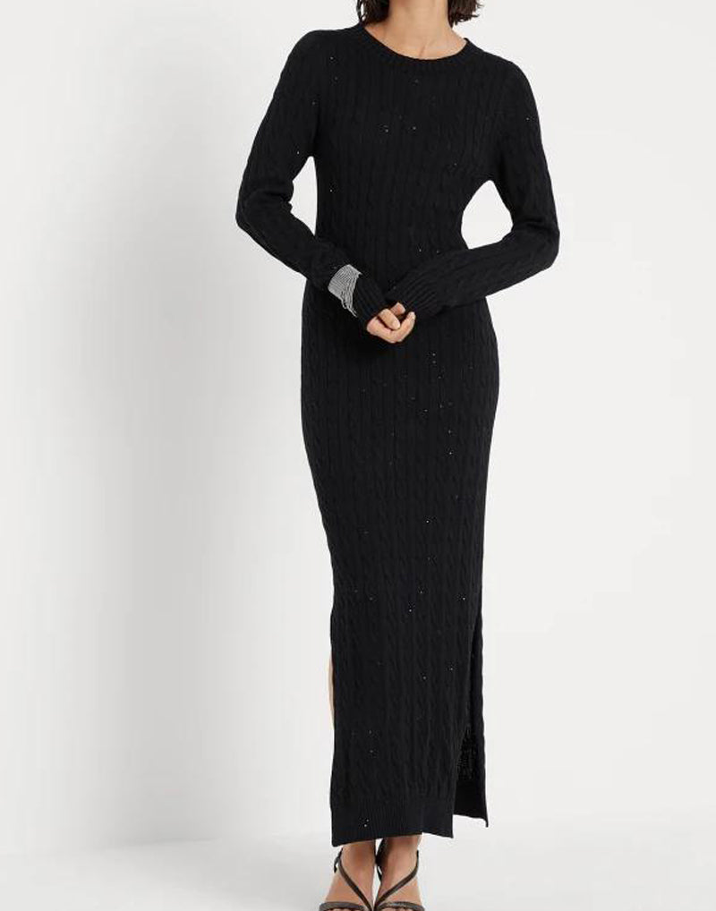 BRUNELLO CUCINELLI WOMEN'S BLACK COTTON CABLE KNIT MAXI DRESS