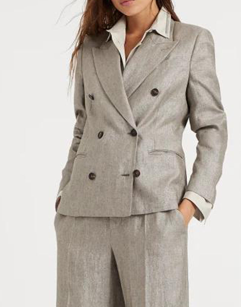 BRUNELLO CUCINELLI WOMEN'S BROWN LINEN DOUBLE-BREASTED BLAZER