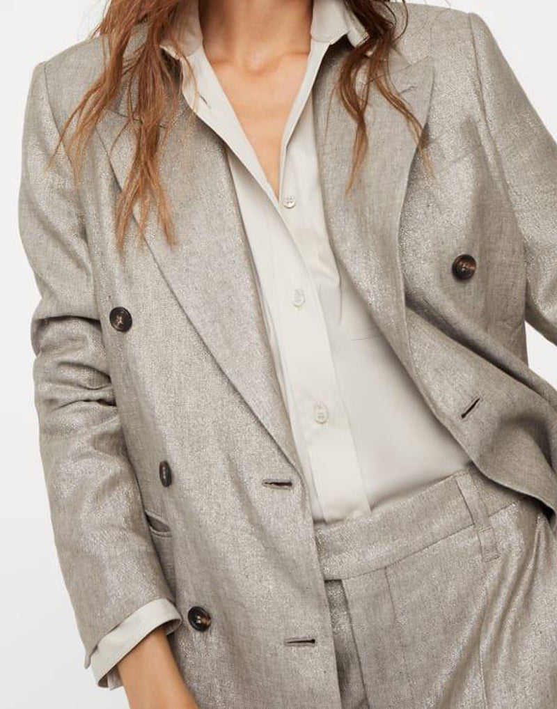 BRUNELLO CUCINELLI WOMEN'S BROWN LINEN DOUBLE-BREASTED BLAZER