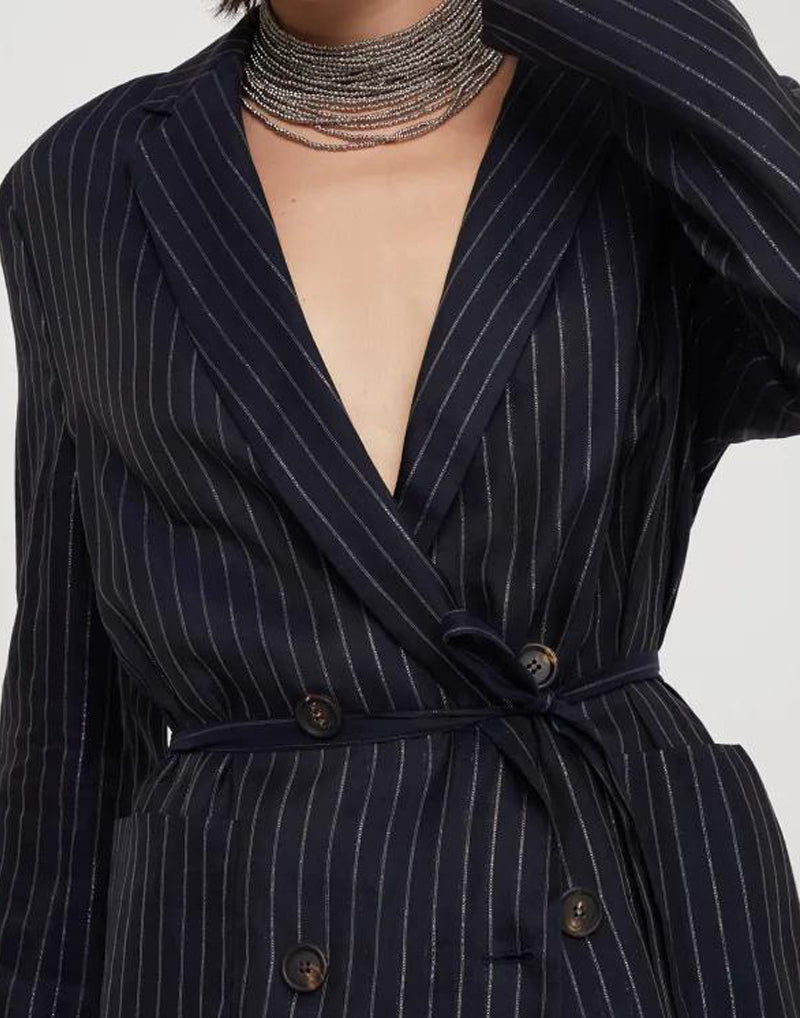 BRUNELLO CUCINELLI WOMEN'S NAVY PINSTRIPE COTTON JACKET