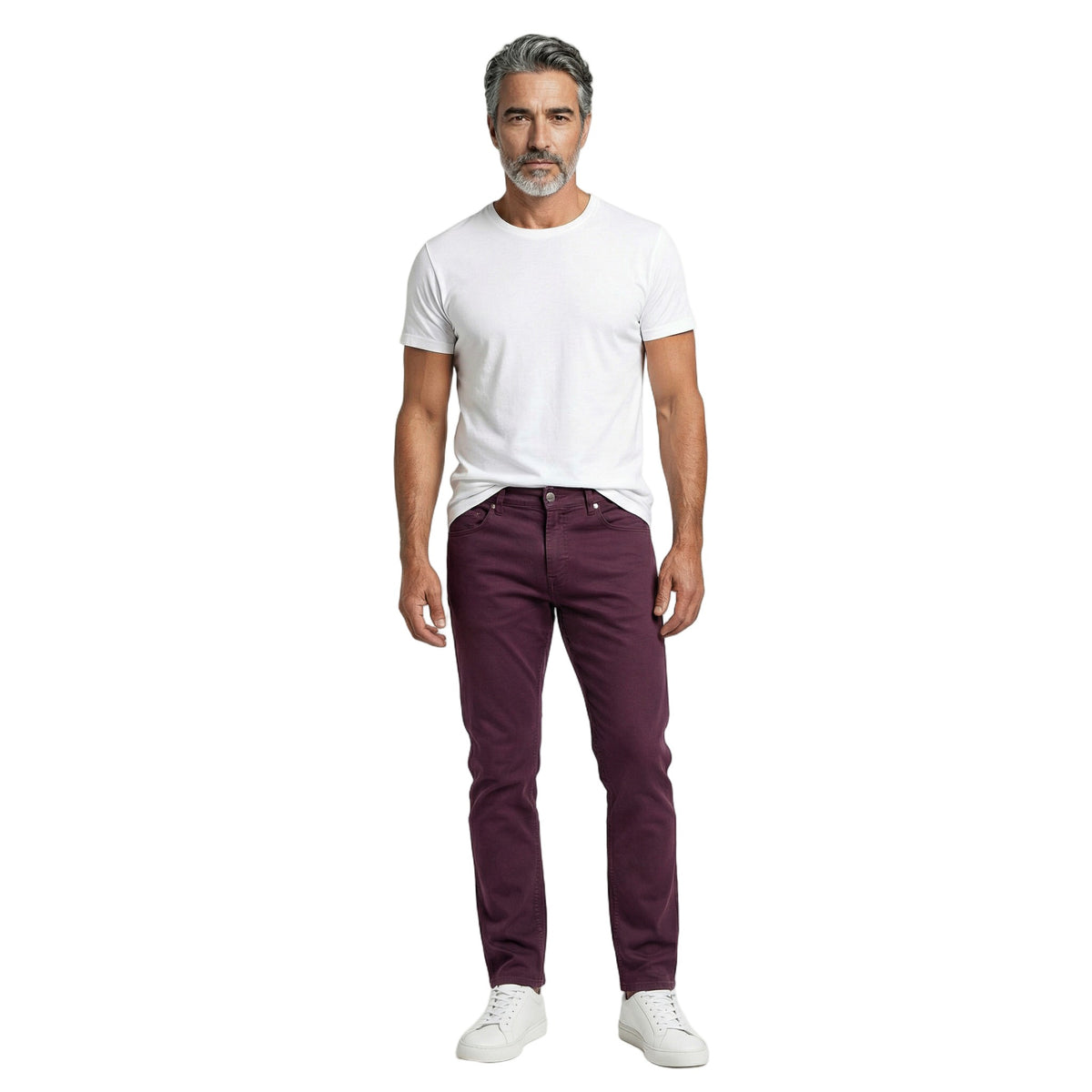 BRUNELLO CUCINELLI MEN'S BURGUNDY COTTON DENIM TROUSERS