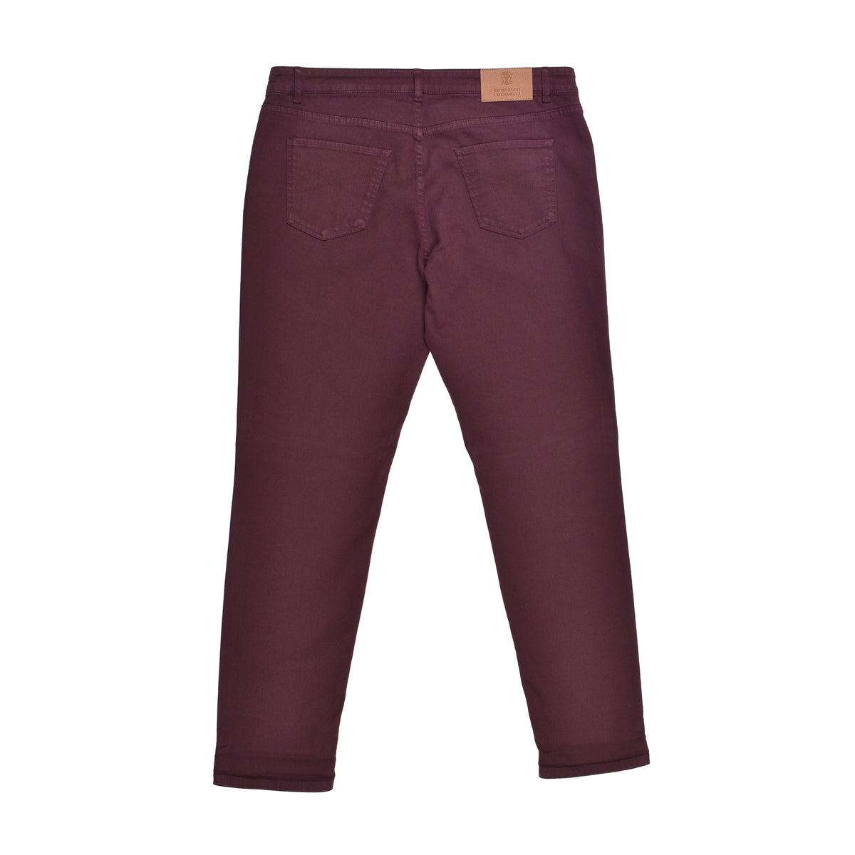 BRUNELLO CUCINELLI MEN'S BURGUNDY COTTON DENIM TROUSERS