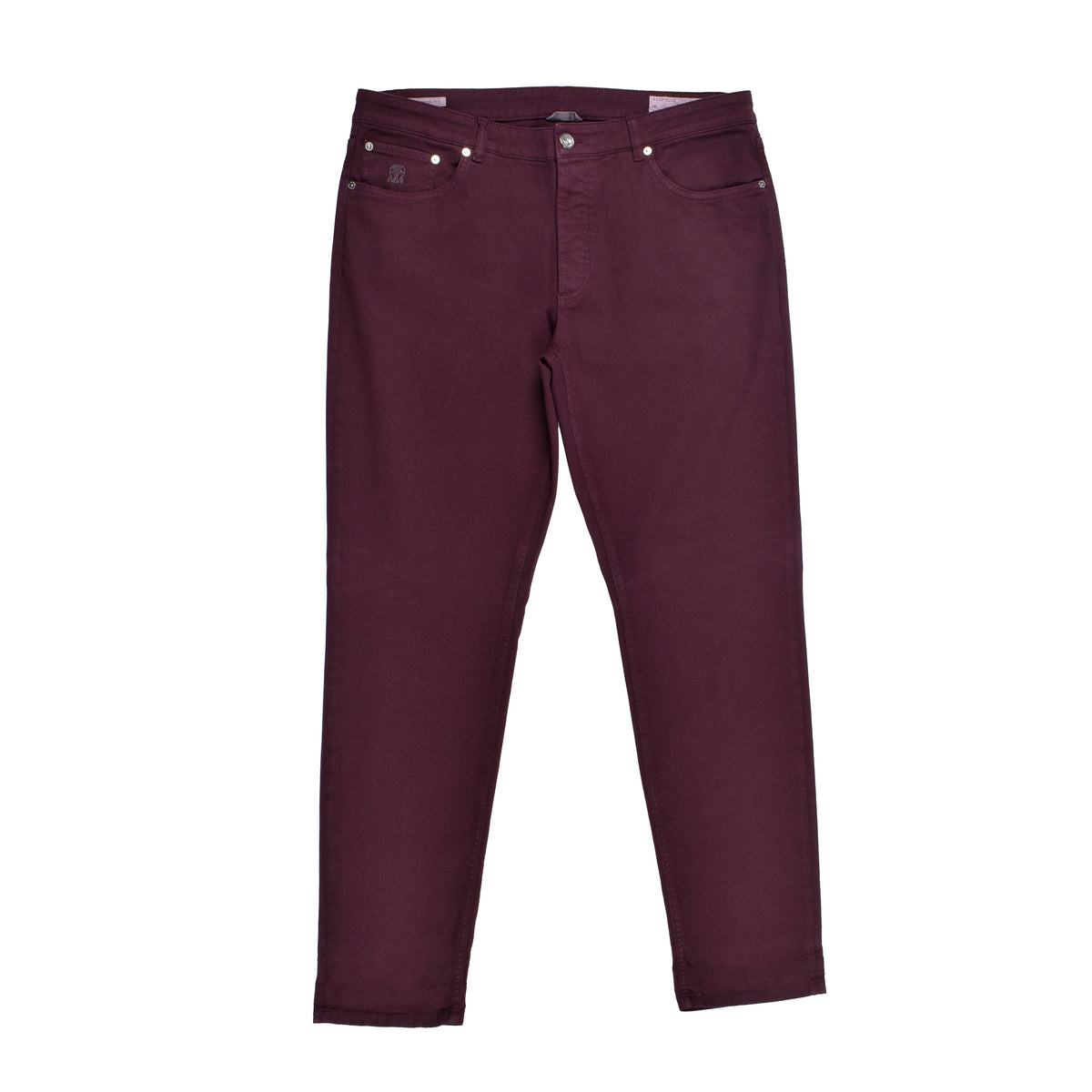 BRUNELLO CUCINELLI MEN'S BURGUNDY COTTON DENIM TROUSERS