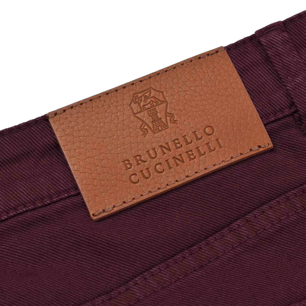 BRUNELLO CUCINELLI MEN'S BURGUNDY COTTON DENIM TROUSERS
