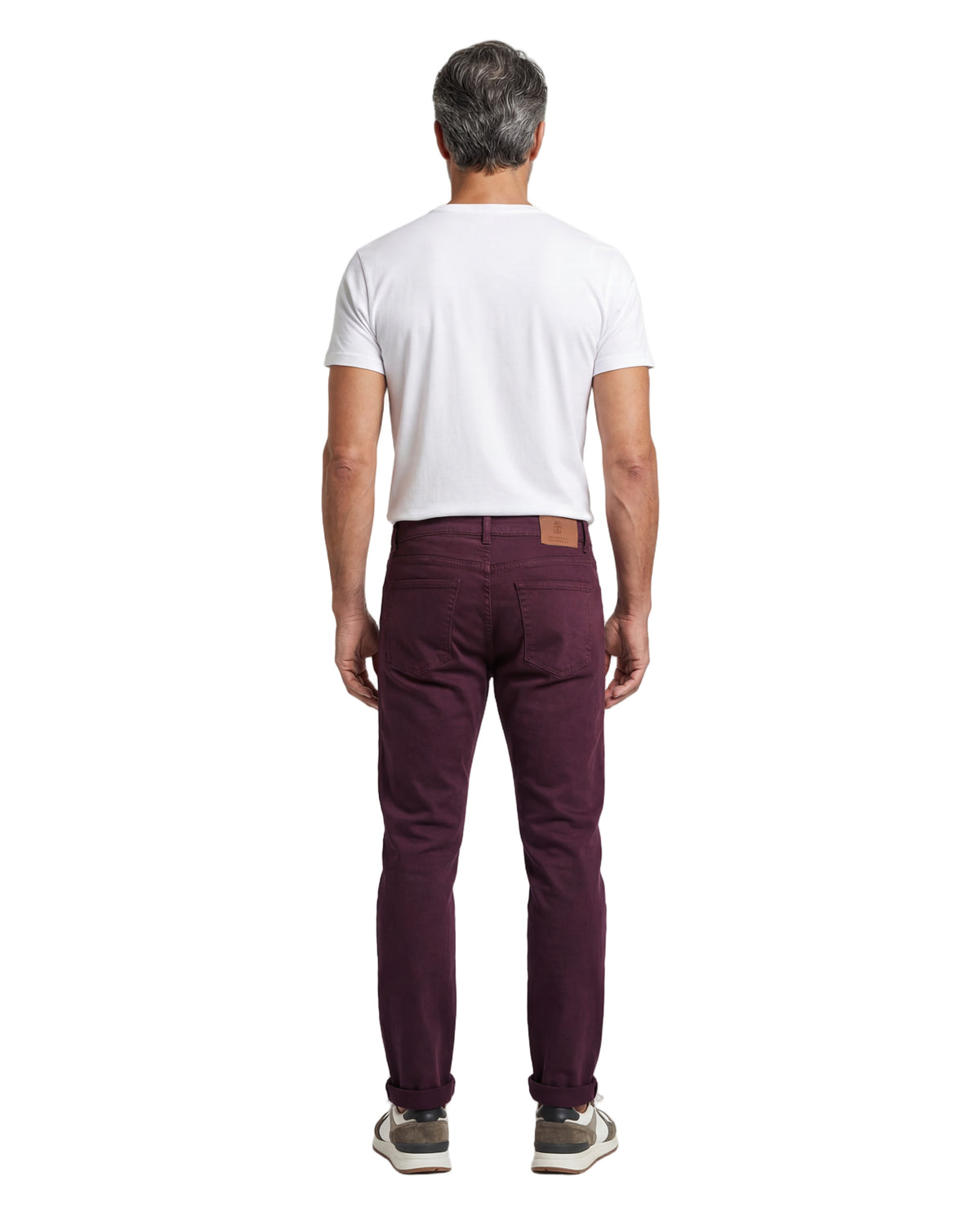 BRUNELLO CUCINELLI MEN'S BURGUNDY COTTON DENIM TROUSERS