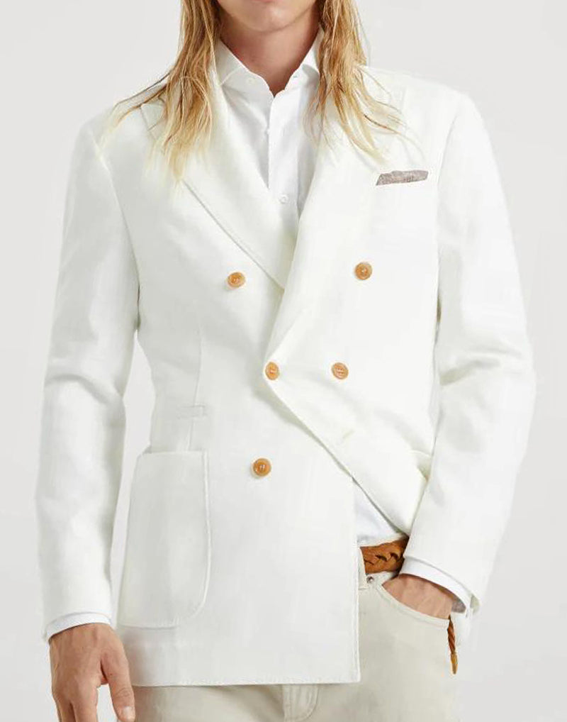 BRUNELLO CUCINELLI MEN'S WHITE LINEN DOUBLE BREASTED BLAZER
