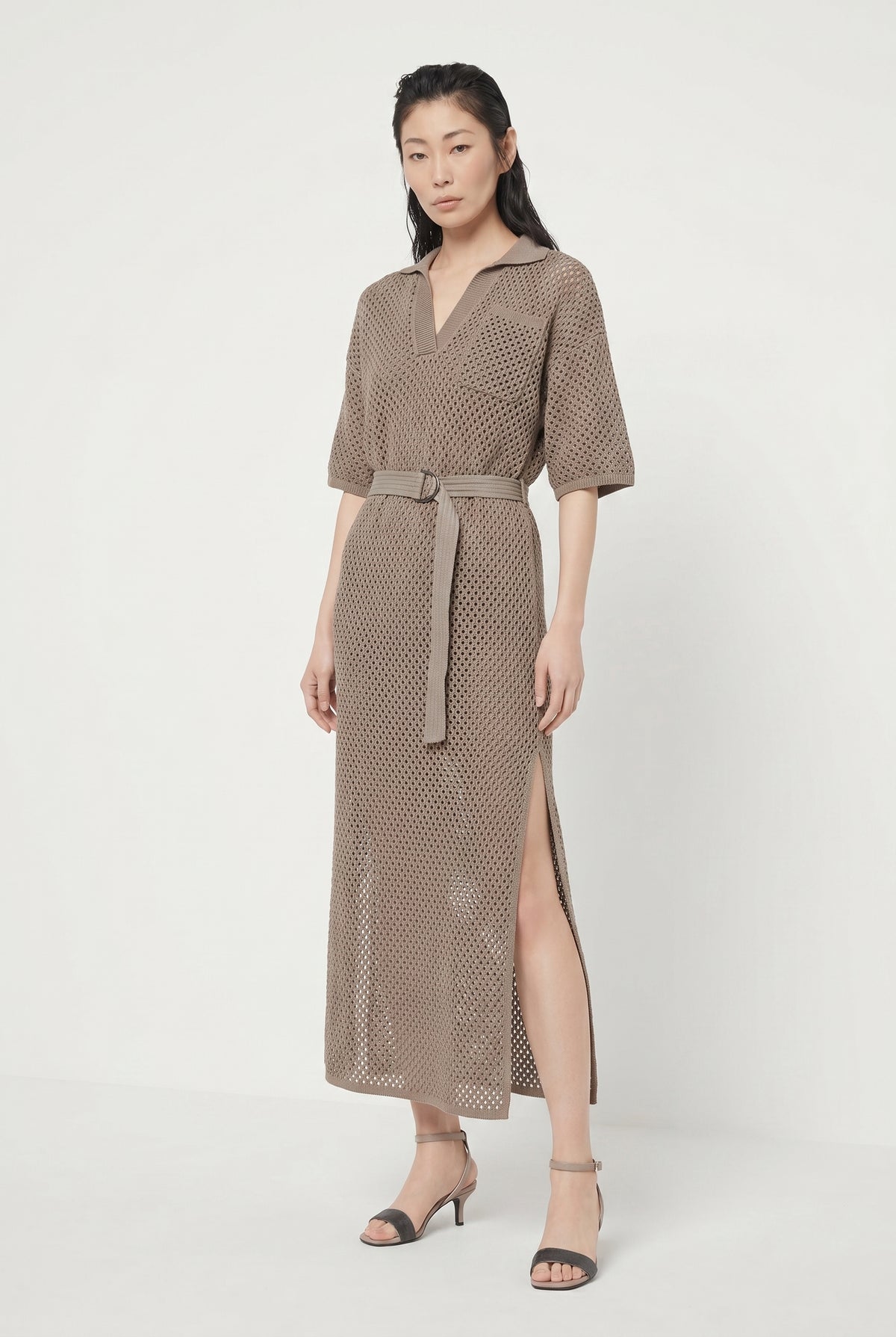 BRUNELLO CUCINELLI WOMEN'S TAUPE BELTED OPENWORK DRESS