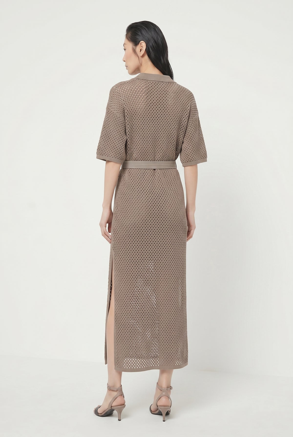 BRUNELLO CUCINELLI WOMEN'S TAUPE BELTED OPENWORK DRESS