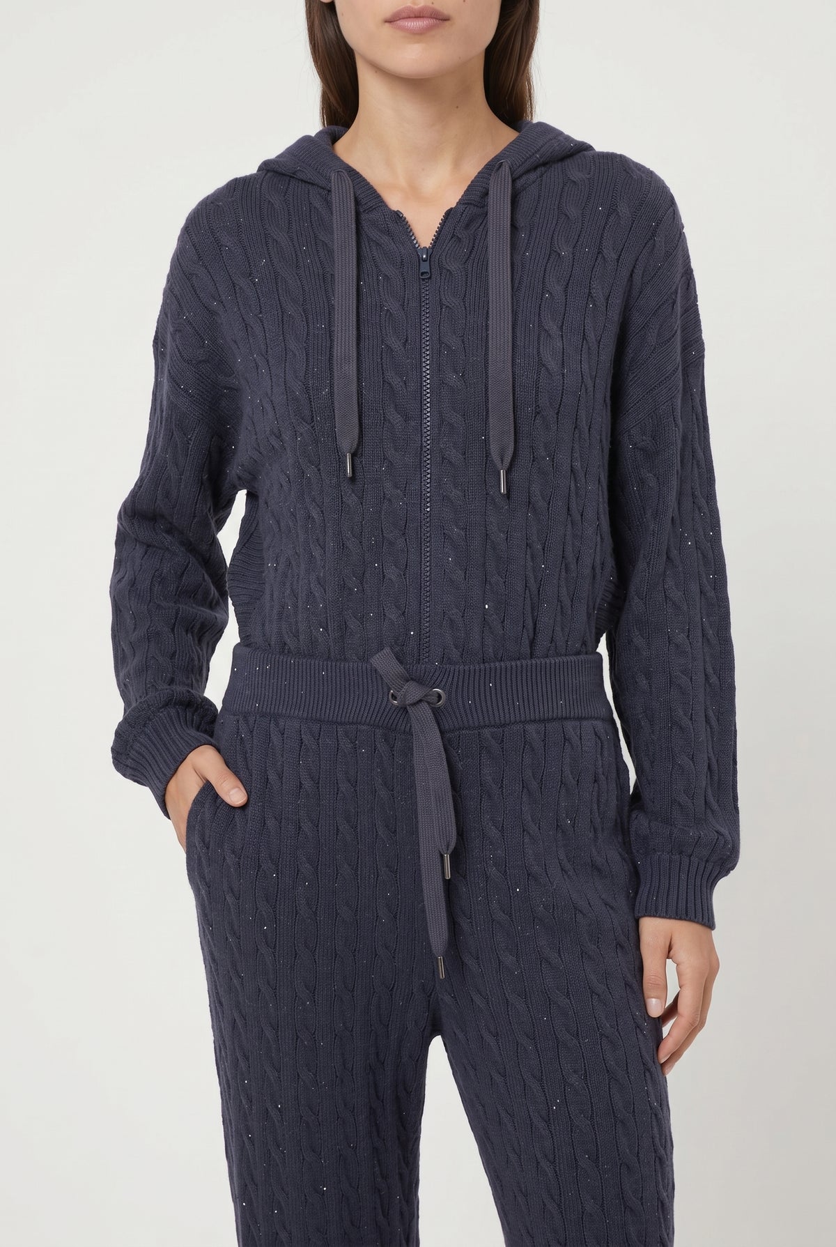BRUNELLO CUCINELLI WOMEN'S DARK BLUE CABLE KNIT TROUSERS