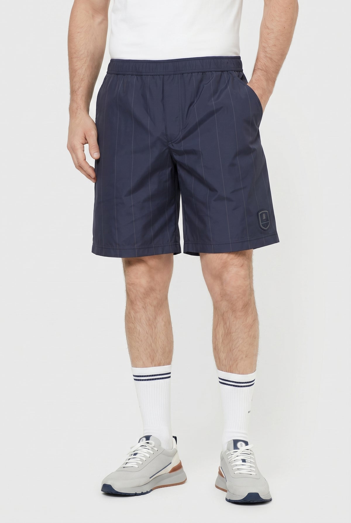 BRUNELLO CUCINELLI MEN'S BLUE PINSTRIPE GYM SHORTS