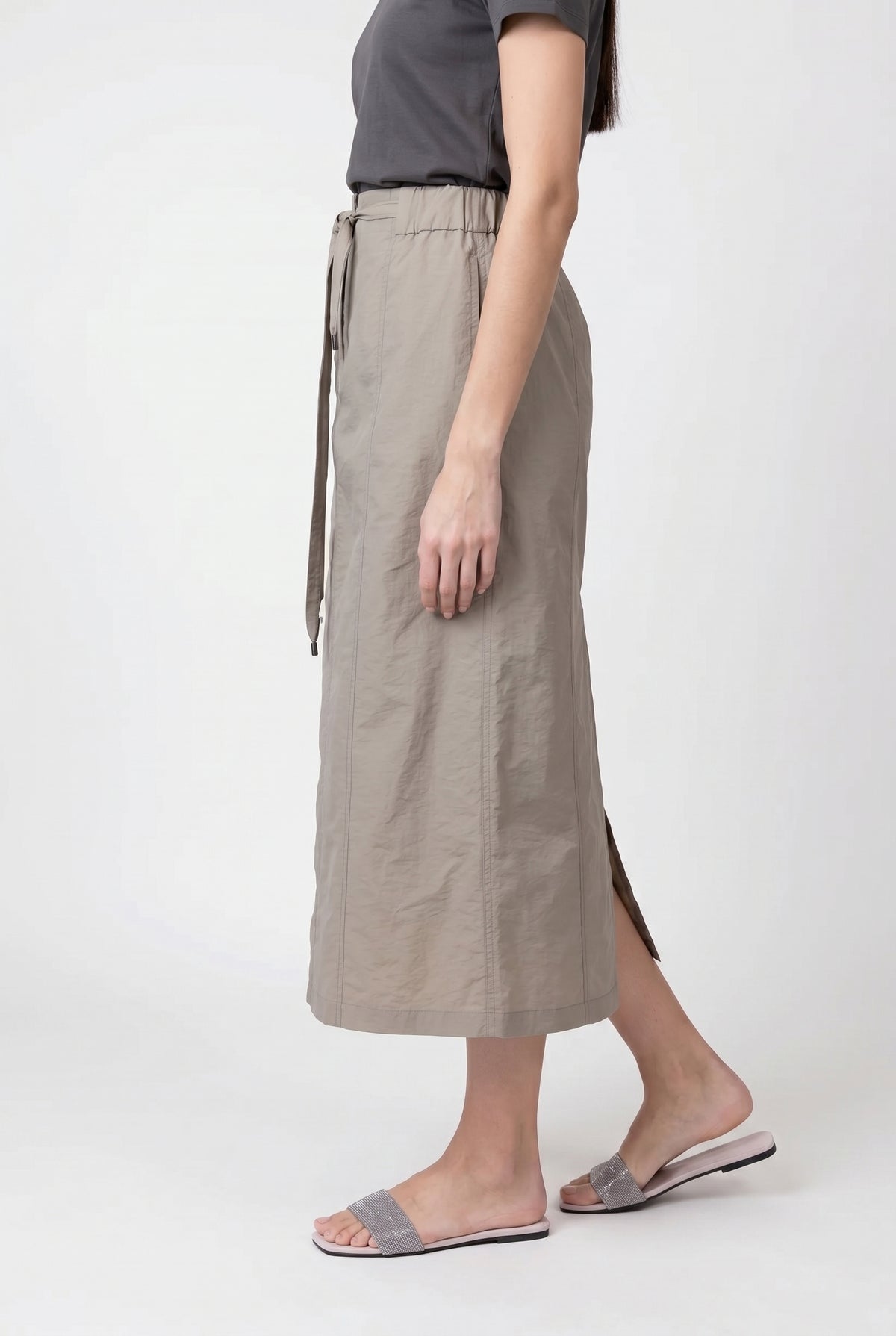 BRUNELLO CUCINELLI WOMEN'S OLIVA COTTON BLEND MIDI SKIRT WITH TIE