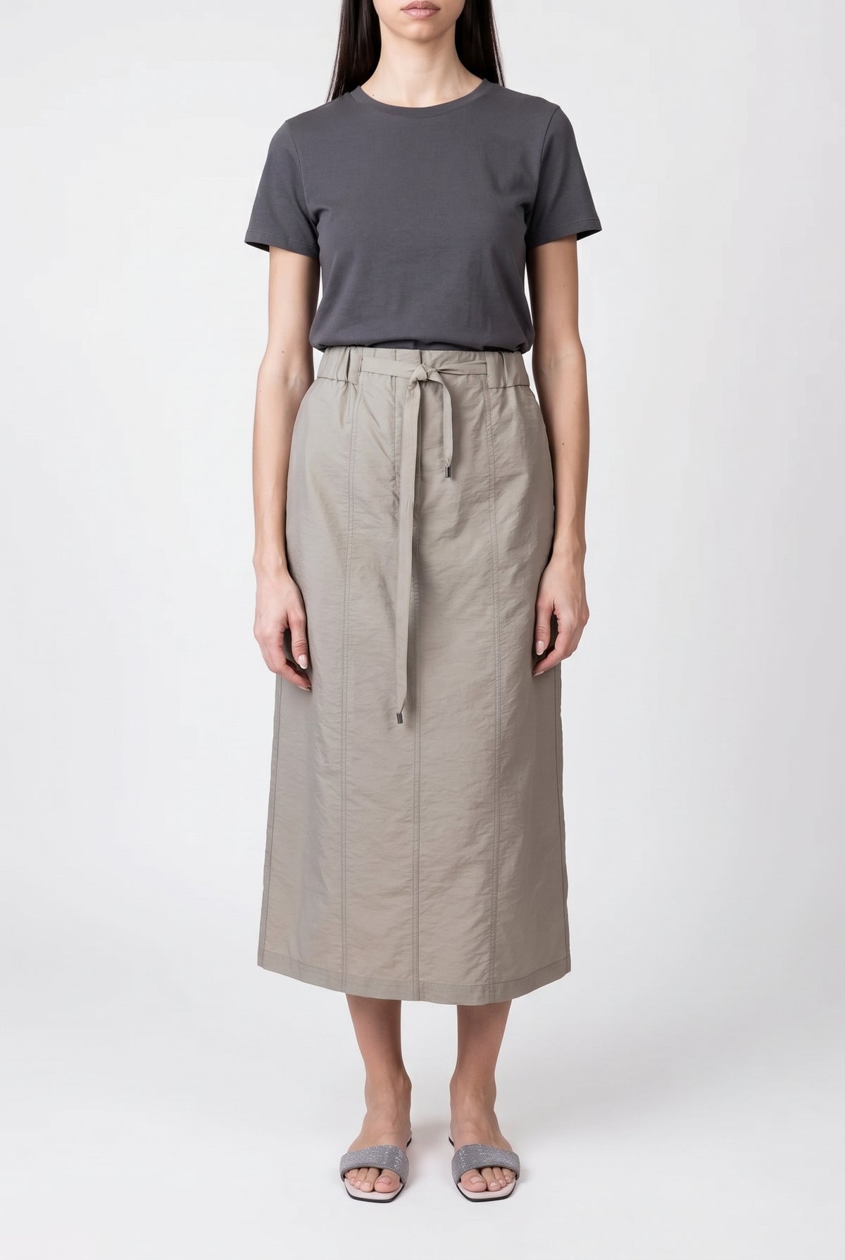 BRUNELLO CUCINELLI WOMEN'S OLIVA COTTON BLEND MIDI SKIRT WITH TIE