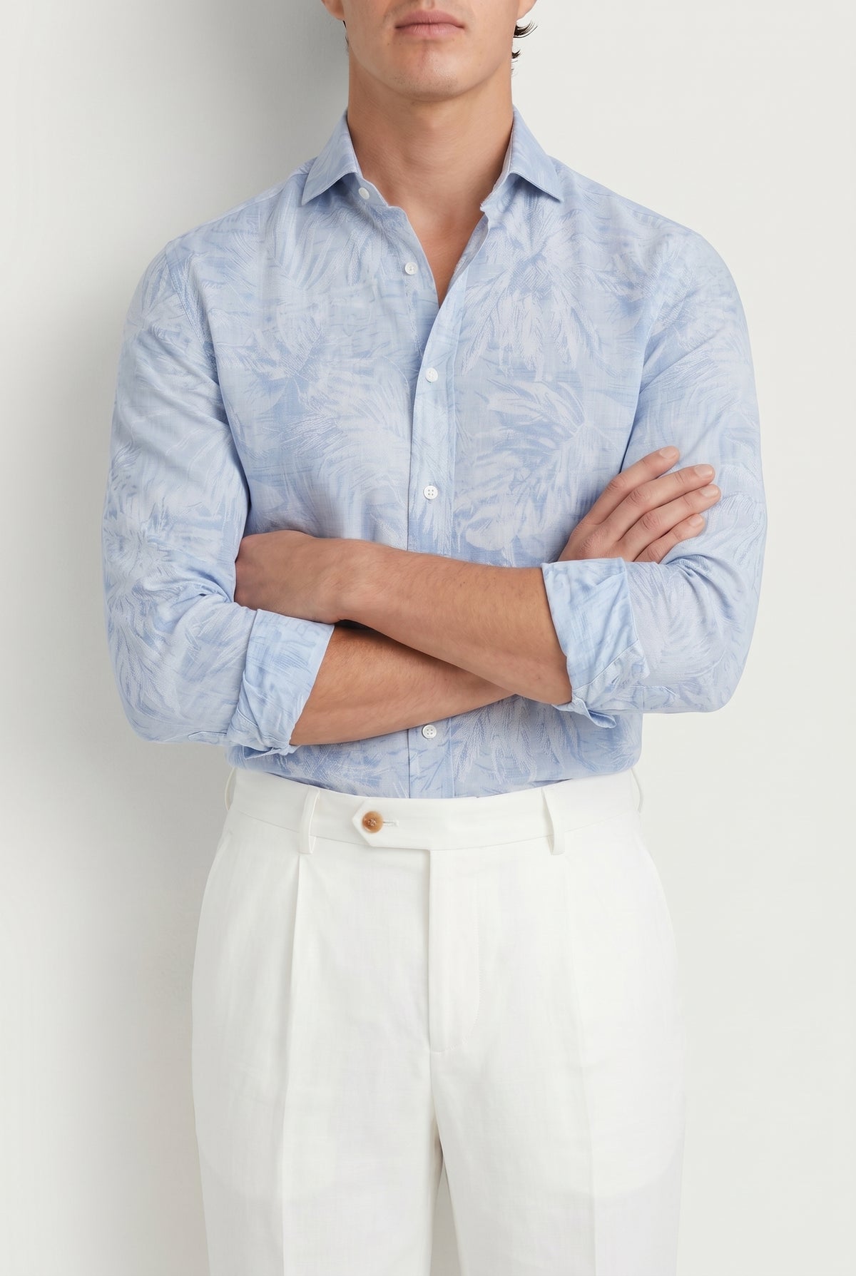 BRUNELLO CUCINELLI MEN'S LIGHT BLUE LINEN COTTON SHIRT