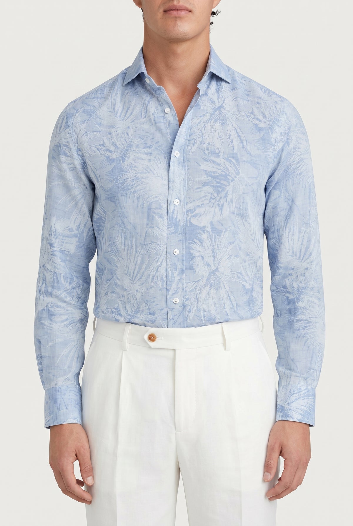 BRUNELLO CUCINELLI MEN'S LIGHT BLUE LINEN COTTON SHIRT