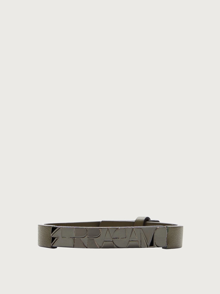 FERRAGAMO MEN'S OLIVE LEATHER BRASS BRACELET