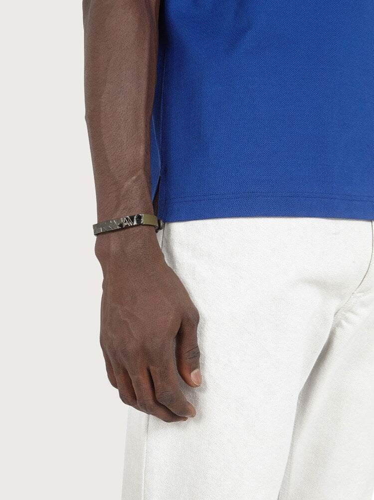 FERRAGAMO MEN'S OLIVE LEATHER BRASS BRACELET