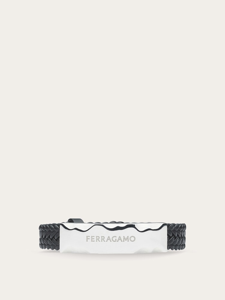 FERRAGAMO MEN'S BLACK LEATHER BRASS BRACELET