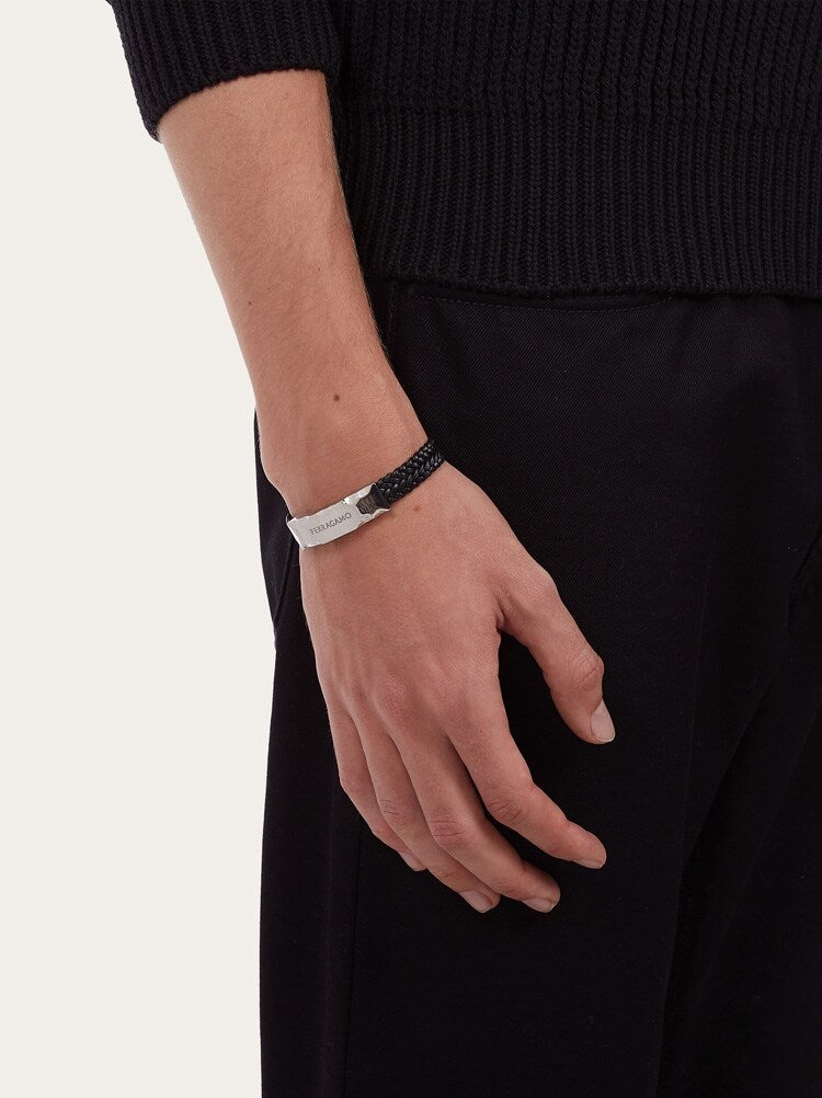 FERRAGAMO MEN'S BLACK LEATHER BRASS BRACELET