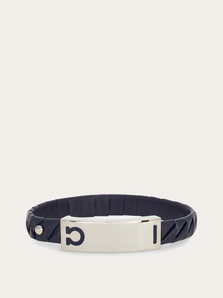 FERRAGAMO MEN'S BLACK LEATHER BRASS BRACELET