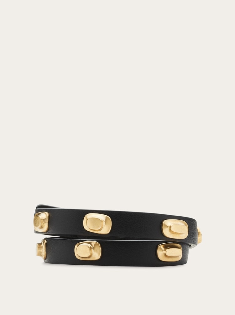 FERRAGAMO WOMEN'S BLACK LEATHER BRASS BRACELET