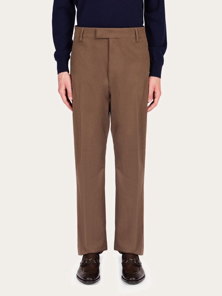 FERRAGAMO MEN'S BROWN TAILORED COTTON TROUSERS