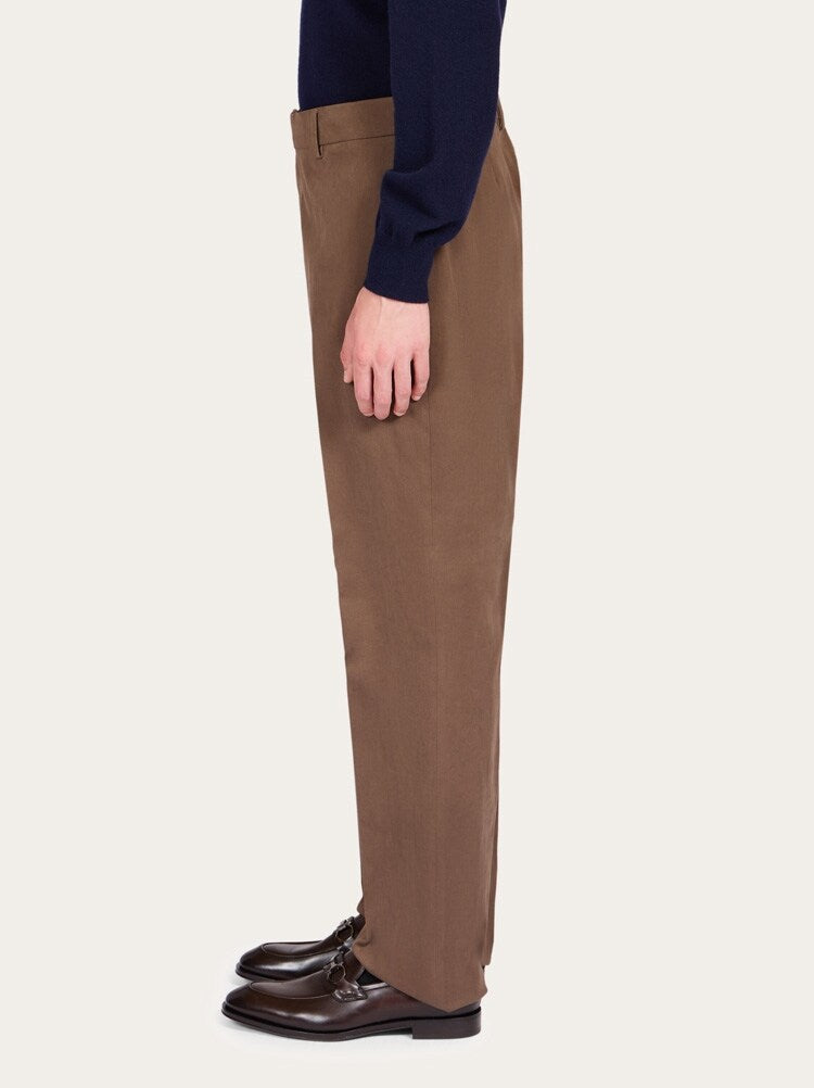 FERRAGAMO MEN'S BROWN TAILORED COTTON TROUSERS