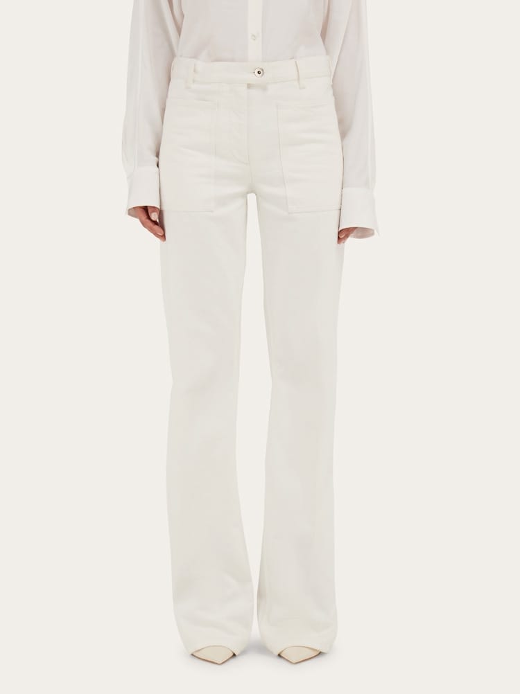 FERRAGAMO WOMEN'S OFF WHITE FLARED COTTON TROUSERS