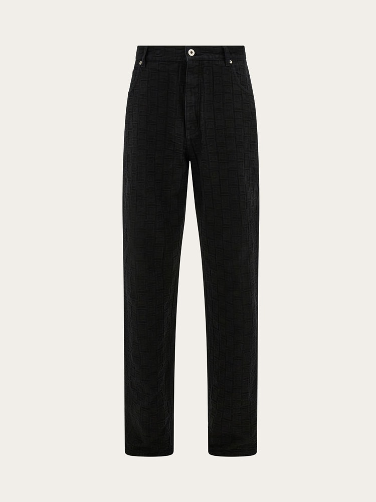 FERRAGAMO MEN'S BLACK JACQUARD COTTON TROUSERS