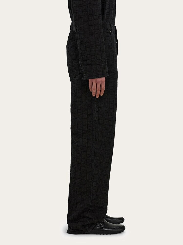 FERRAGAMO MEN'S BLACK JACQUARD COTTON TROUSERS