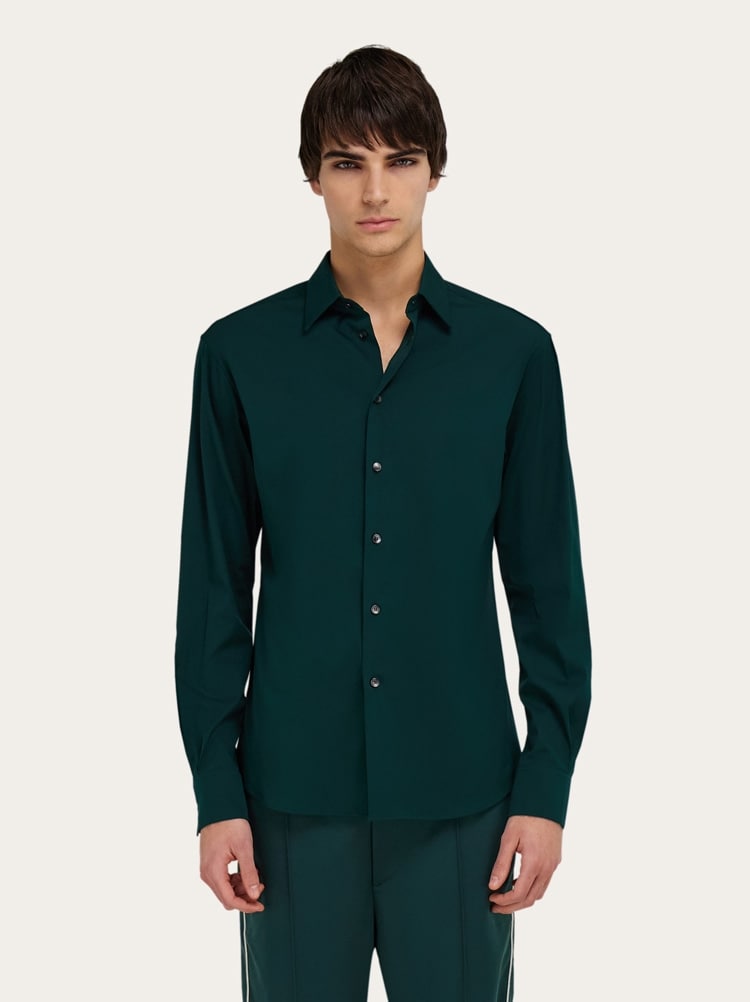 FERRAGAMO MEN'S DARK GREEN COTTON SHIRT