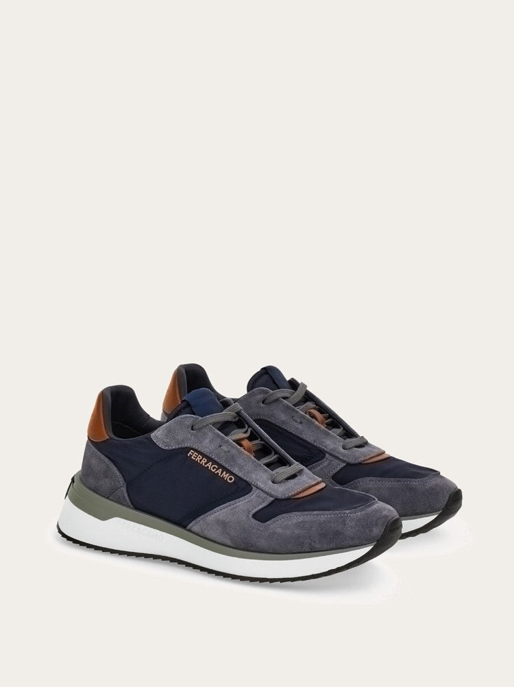 FERRAGAMO MEN'S NAVY MIXED MATERIAL SNEAKERS
