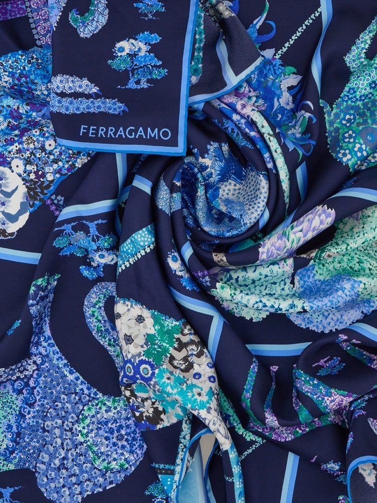 FERRAGAMO WOMEN'S BLUE SILK PRINTED SCARF