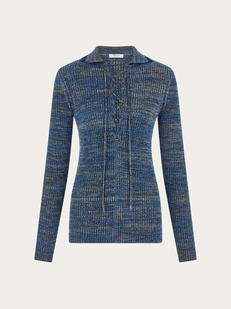 FERRAGAMO WOMEN'S BLUE RIBBED KNIT SHIRT