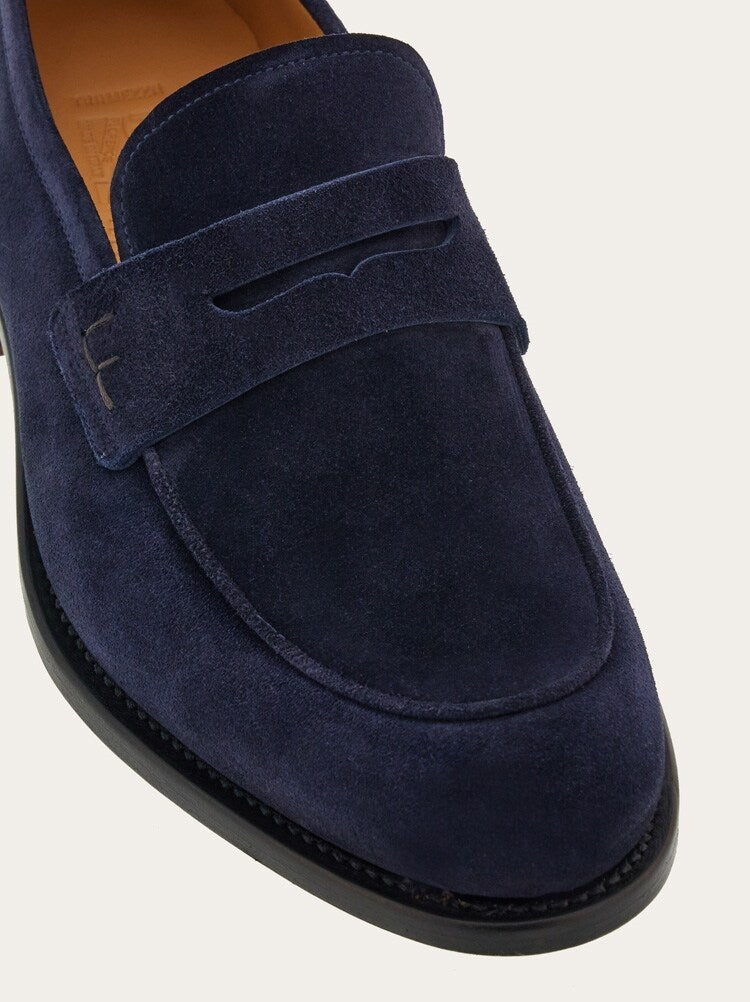 FERRAGAMO MEN'S NAVY SUEDE PENNY LOAFER