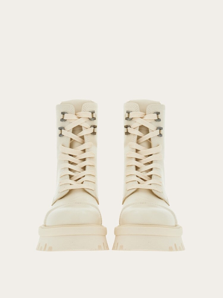 FERRAGAMO WOMEN'S OFF WHITE LEATHER COMBAT BOOTS