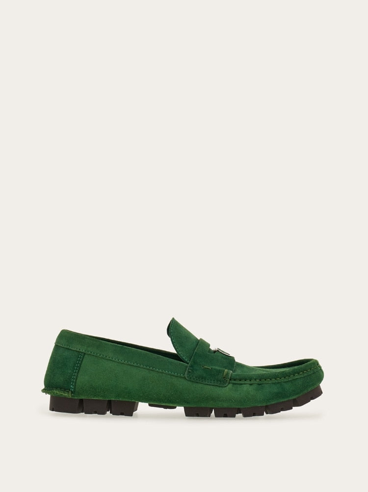 FERRAGAMO MEN'S GREEN SUEDE LEATHER LOAFERS