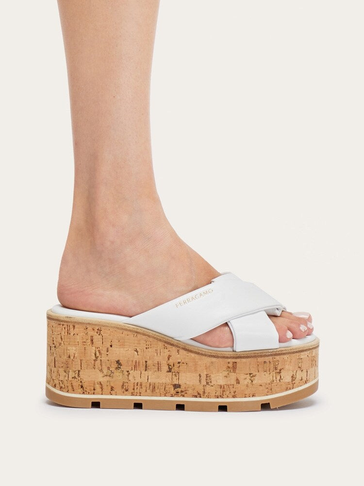FERRAGAMO WOMEN'S WHITE LAMBSKIN PLATFORM SHOES