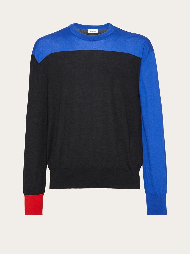 FERRAGAMO MEN'S BLACK BLUE WOOL SWEATER