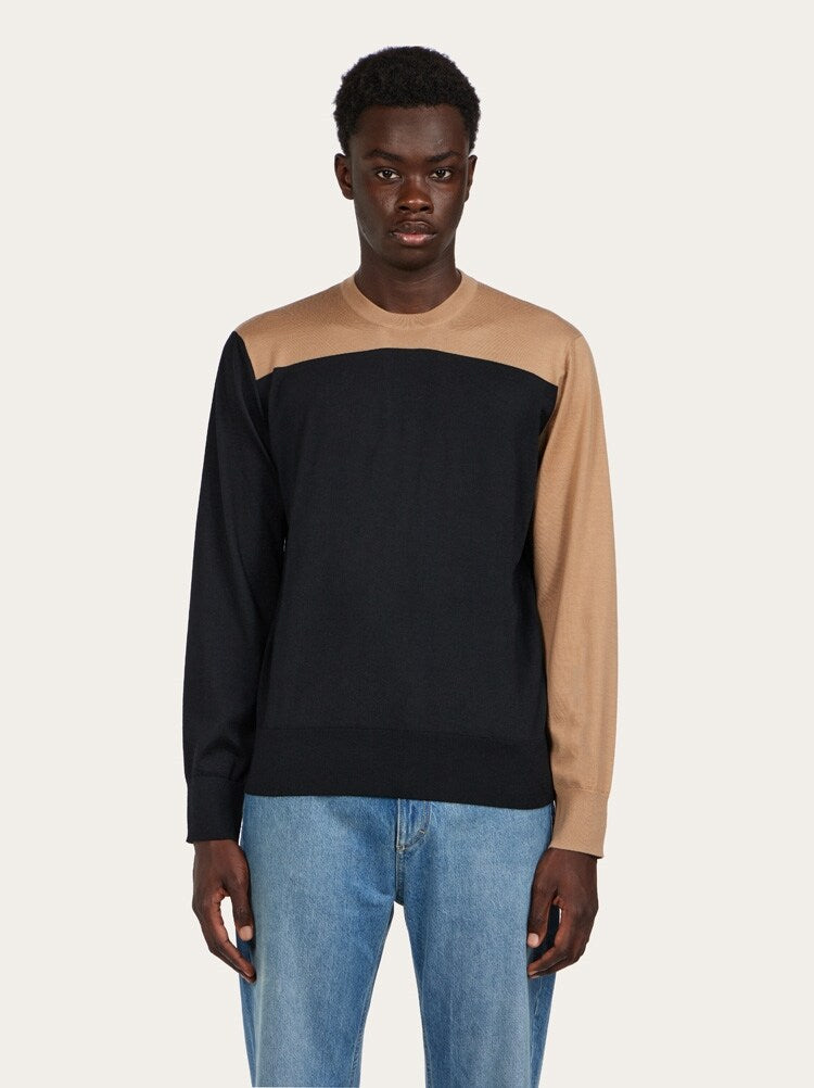 FERRAGAMO MEN'S BLACK BEIGE WOOL SWEATER
