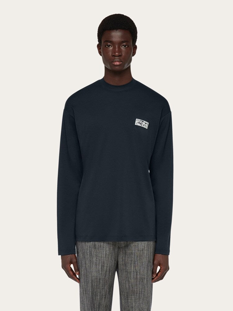 FERRAGAMO MEN'S DARK BLUE COTTON SILK SWEATER