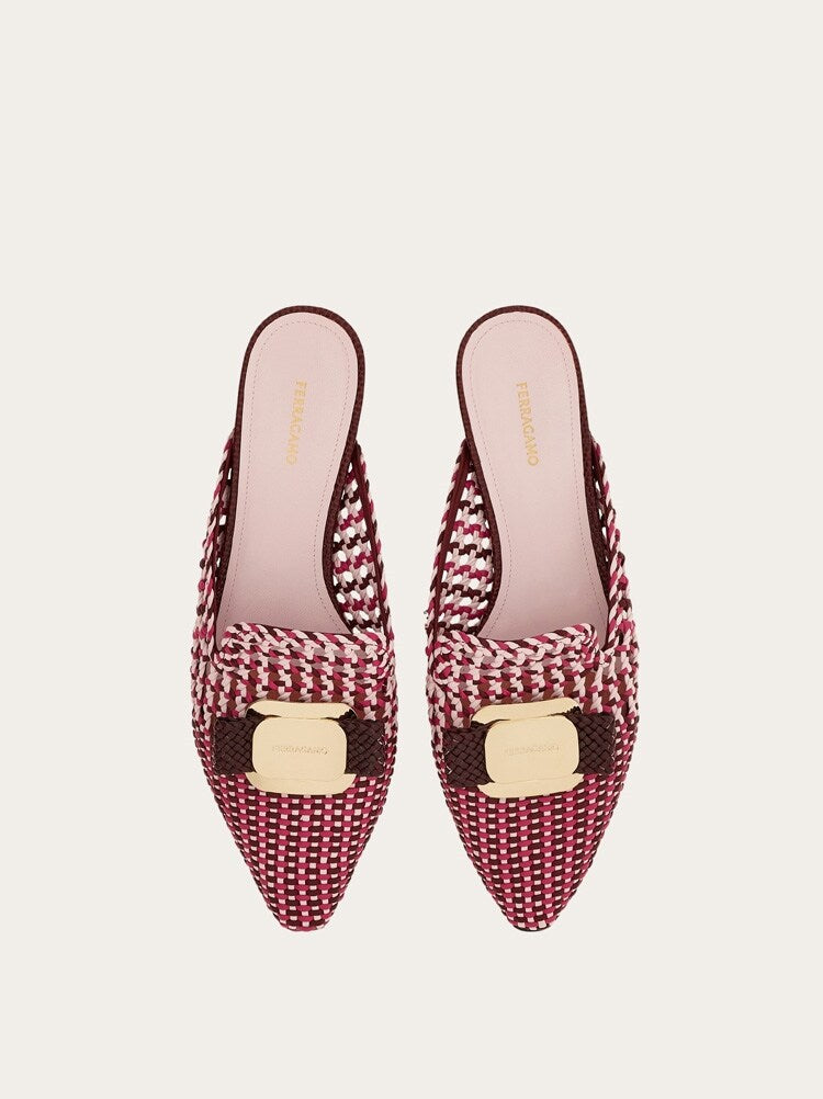 FERRAGAMO WOMEN'S PINK WOVEN LEATHER MULE SHOES