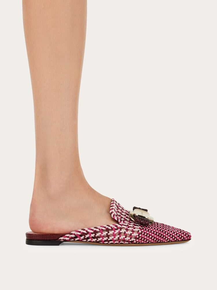 FERRAGAMO WOMEN'S PINK WOVEN LEATHER MULE SHOES