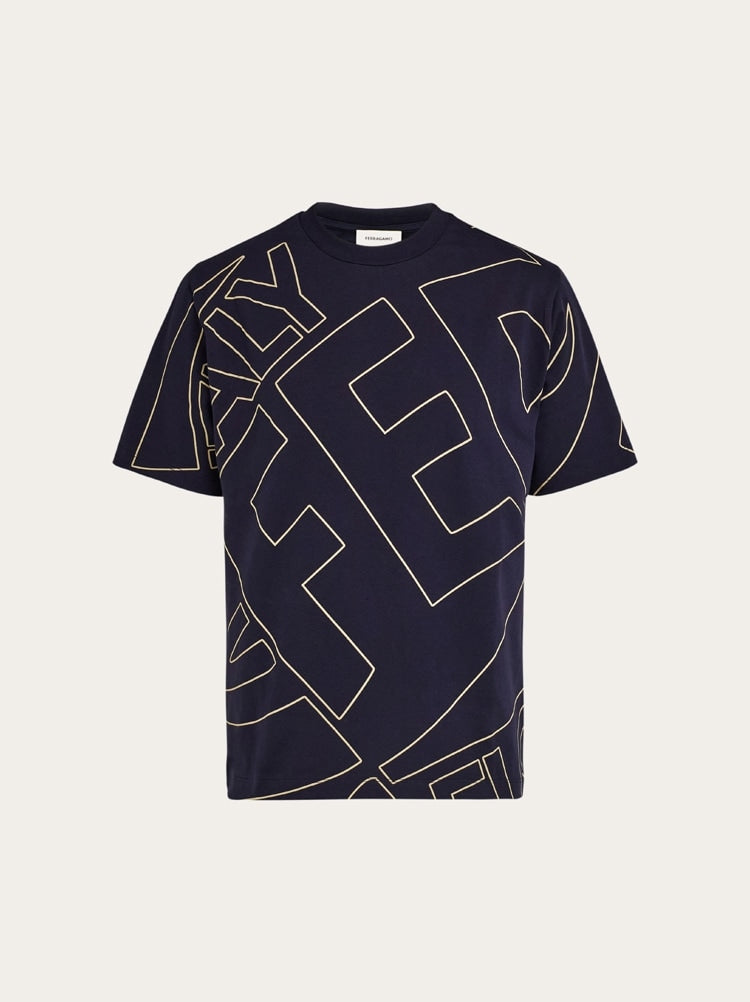 FERRAGAMO MEN'S NAVY COTTON SHORT SLEEVE SWEATER