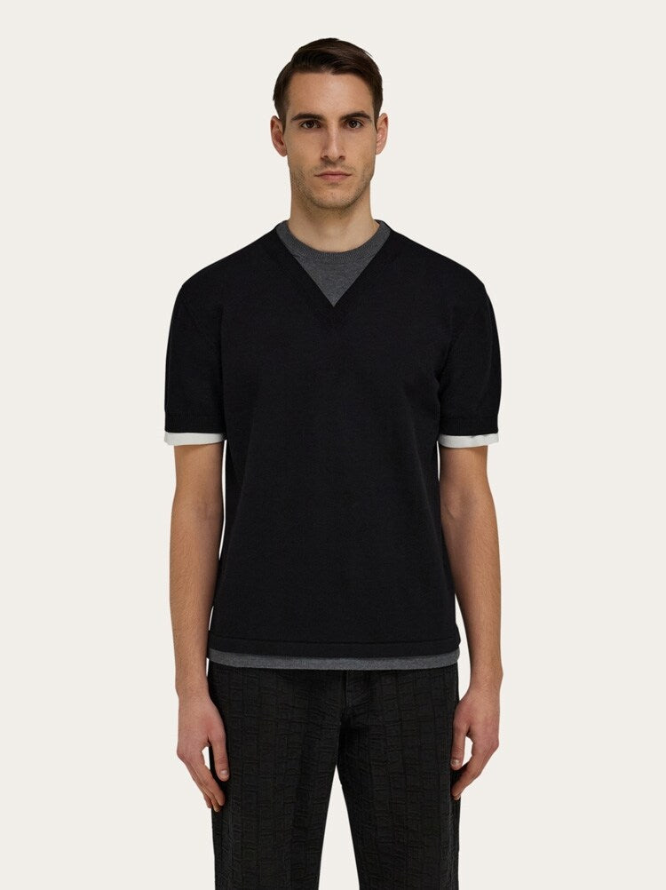 FERRAGAMO MEN'S BLACK LAYERED COTTON SWEATER